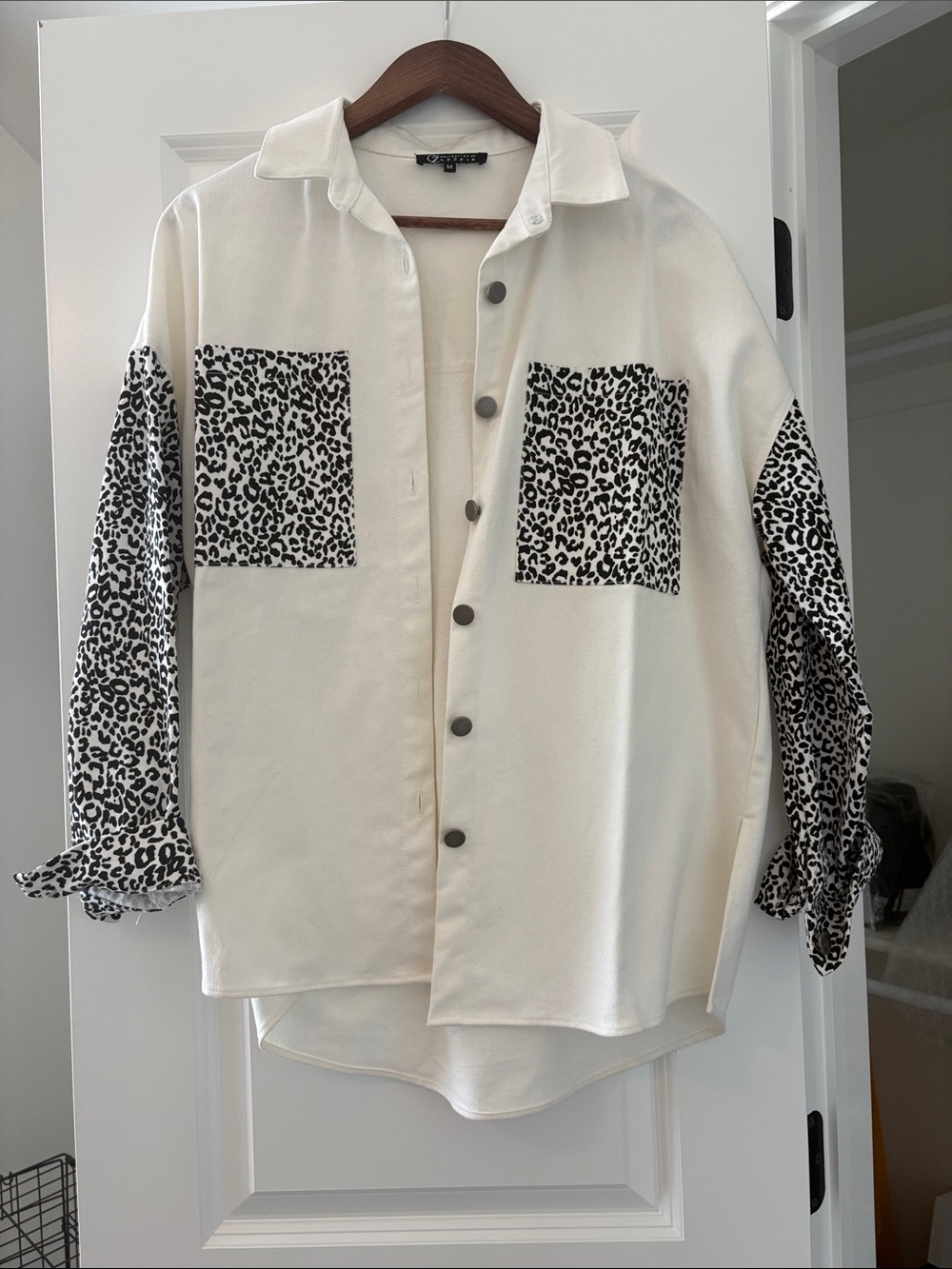 Women’s Cream Button-Up Jean Shirt with Black Leopard Patches
